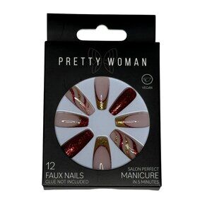 Pretty Woman Press On Nails Nude Red Glitter Almond 12 Piece Set